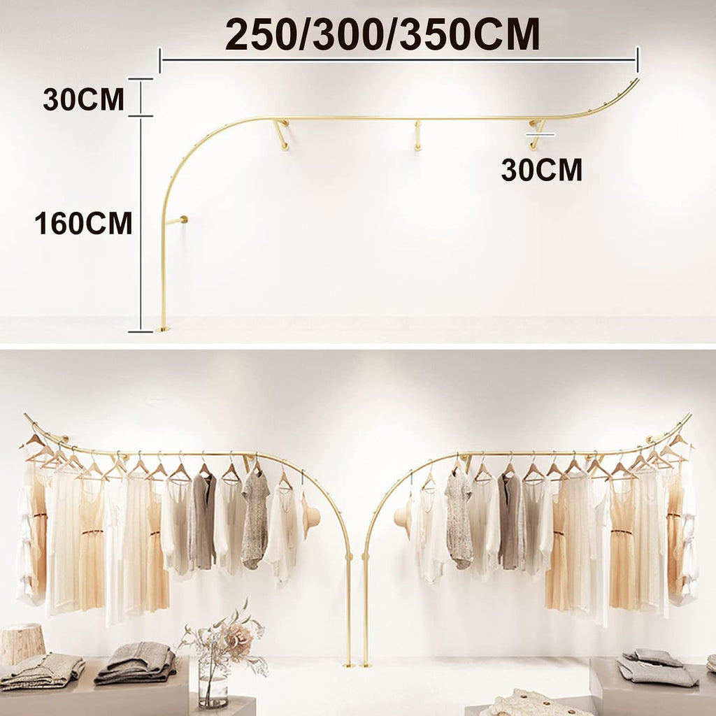 2 Pcs Clothing Store Display Stands Garment Rack, Wall Mounted Storage Clothes Shoe Bag Pipe Shelf, Retail Clothes Hanger Entrance Porch Organization Hanging Rod, Gold Closet Organizer Towel Rack