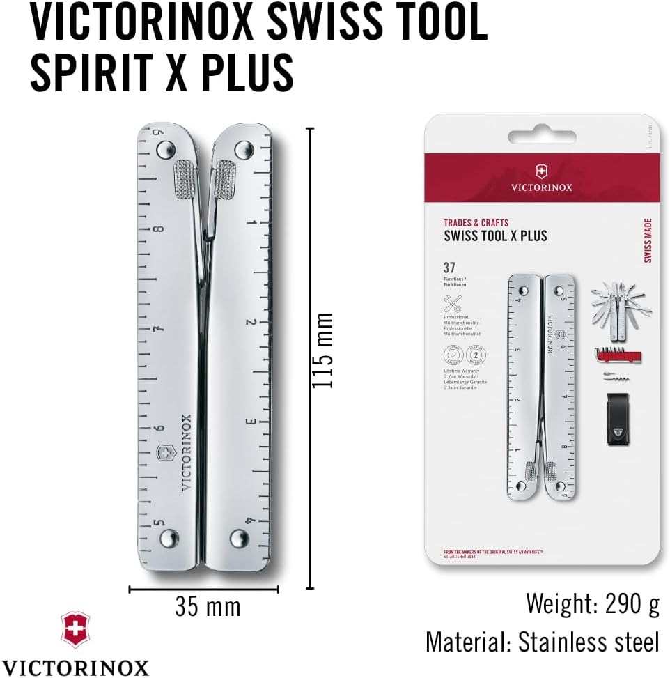 Victorinox Swiss Tool X Plus Ratchet Swiss Army Knife, 35 Function Swiss Made Multi-Tool with Needle-nose pliers, Wire Cutter, Crate Opener and Large Blade - Silver