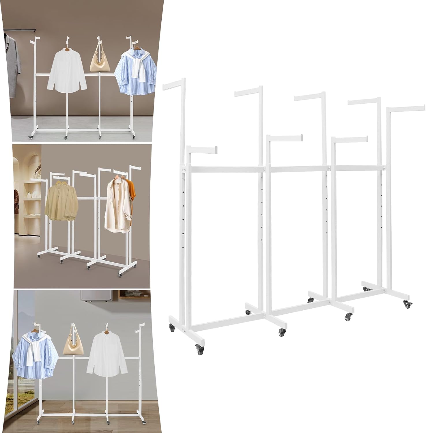 Floor Standing Metal Garment Rack, 8 Arms Clothing Display Rack Heavy Retail Display Racks With Wheels, 3.81 to 5.25Ft Adjustable Height Retail Clothing Rack for Hanging Clothes Heavy Duty