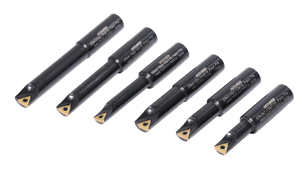 Accusize Industrial Tools Round Shank Indexable Boring Bar, 5/8 in | 6-Piece Set with TCMT 21.5 Carbide Inserts, 90 Degree, Bore Depth 1-1/4 in to 2-7/8 in, 2627-9106