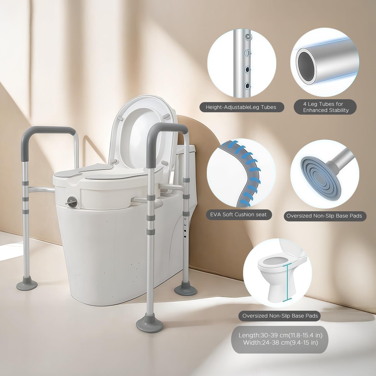 Raised Toilet Seat with Handles– 4-Legged Adjustable Toilet Riser for Seniors, Thickened Aluminum Alloy Frame, Non-Slip Safety Rails, Enhanced Stability (Grey & White)