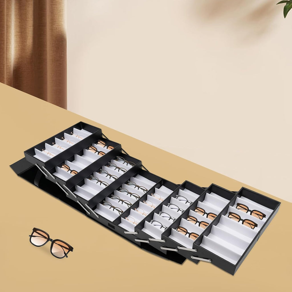 48 Slots Eyeglasses Storage Case, Portable Sunglasses Display Case Black Luxury Glasses Organizer Storage Heavy Duty Optical Frame Display Glasses Case Eyewear Storage Organizer Collector with Drawer
