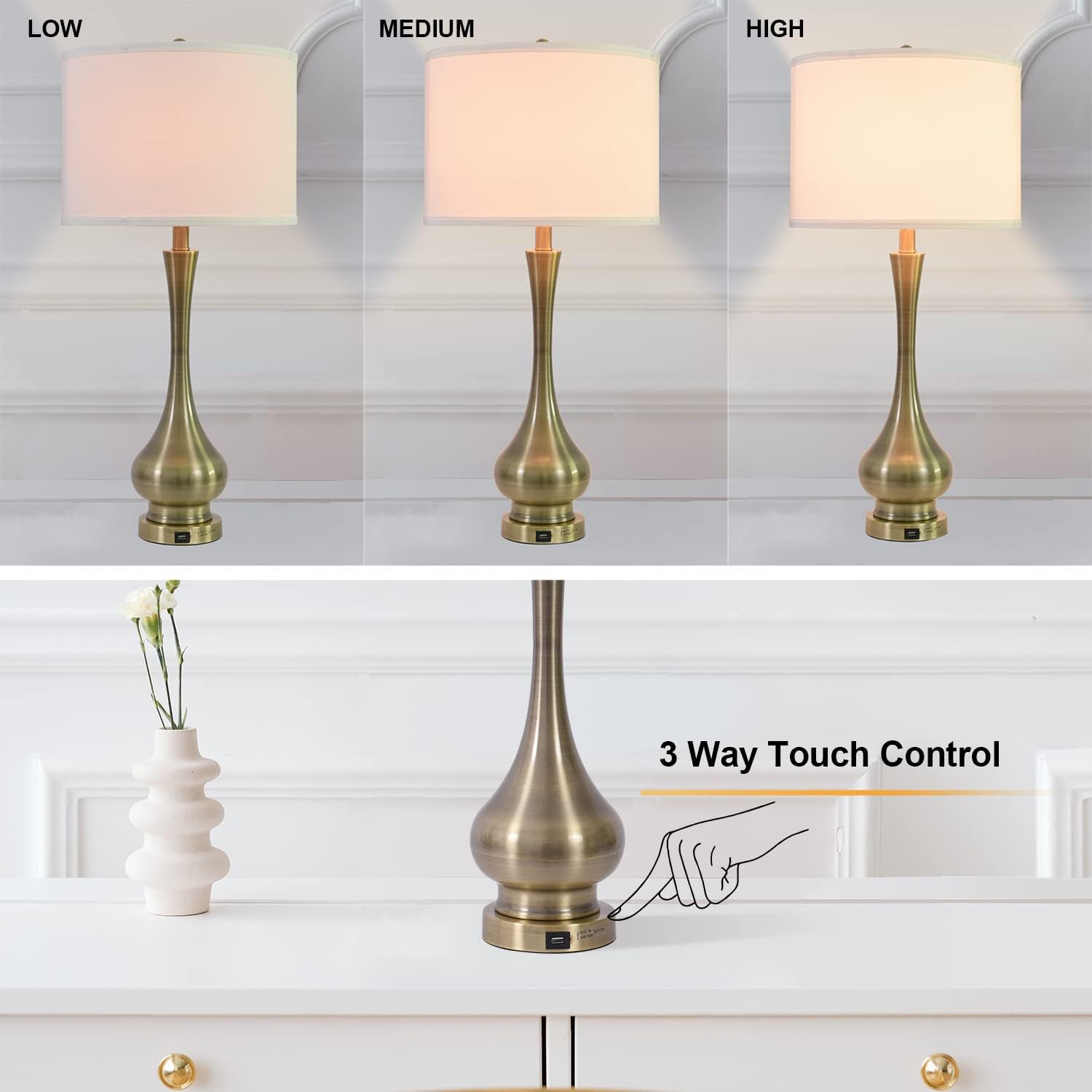 Touch Lamp for Bedrooms Set of 2, 3-Way Dimmable Nightstand Lamp Sets with Linen Fabric Shade, Bedside Lamp with USB Port & E26 Socket, Modern Tall Table Lamp for Bedroom, Living Room, Office