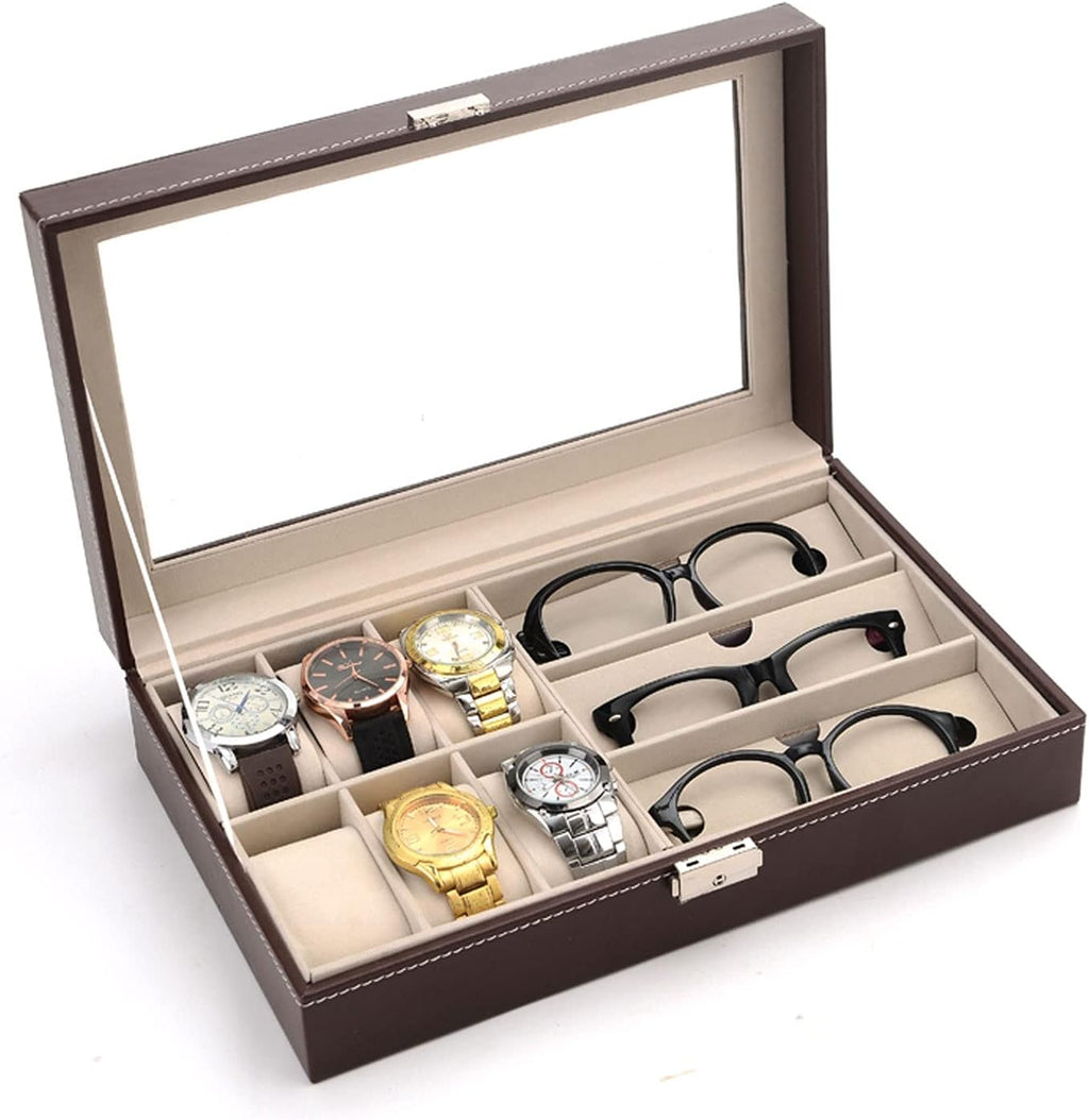 Glasses Stand Leather 6 Watch Box Jewelry Case and 3 Piece Eyeglasses Storage and Multi Sunglass Glasses Display Case Organizer for Women Men Eyewear Display Stand (Color : Brown)