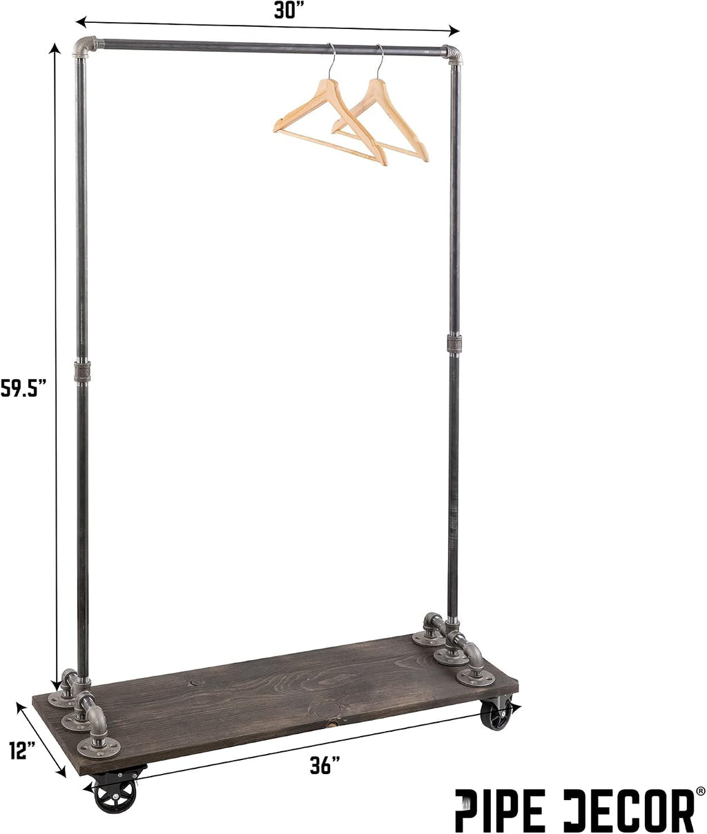 PIPE DECOR 36' x 11 ½' x 59 ½' Rolling Steel Pipe Clothing Rack with Wood Shelf, Commercial or Residential Industrial Clothes Display, Heavy Duty Black Steel Metal Wheeled Garment Frame