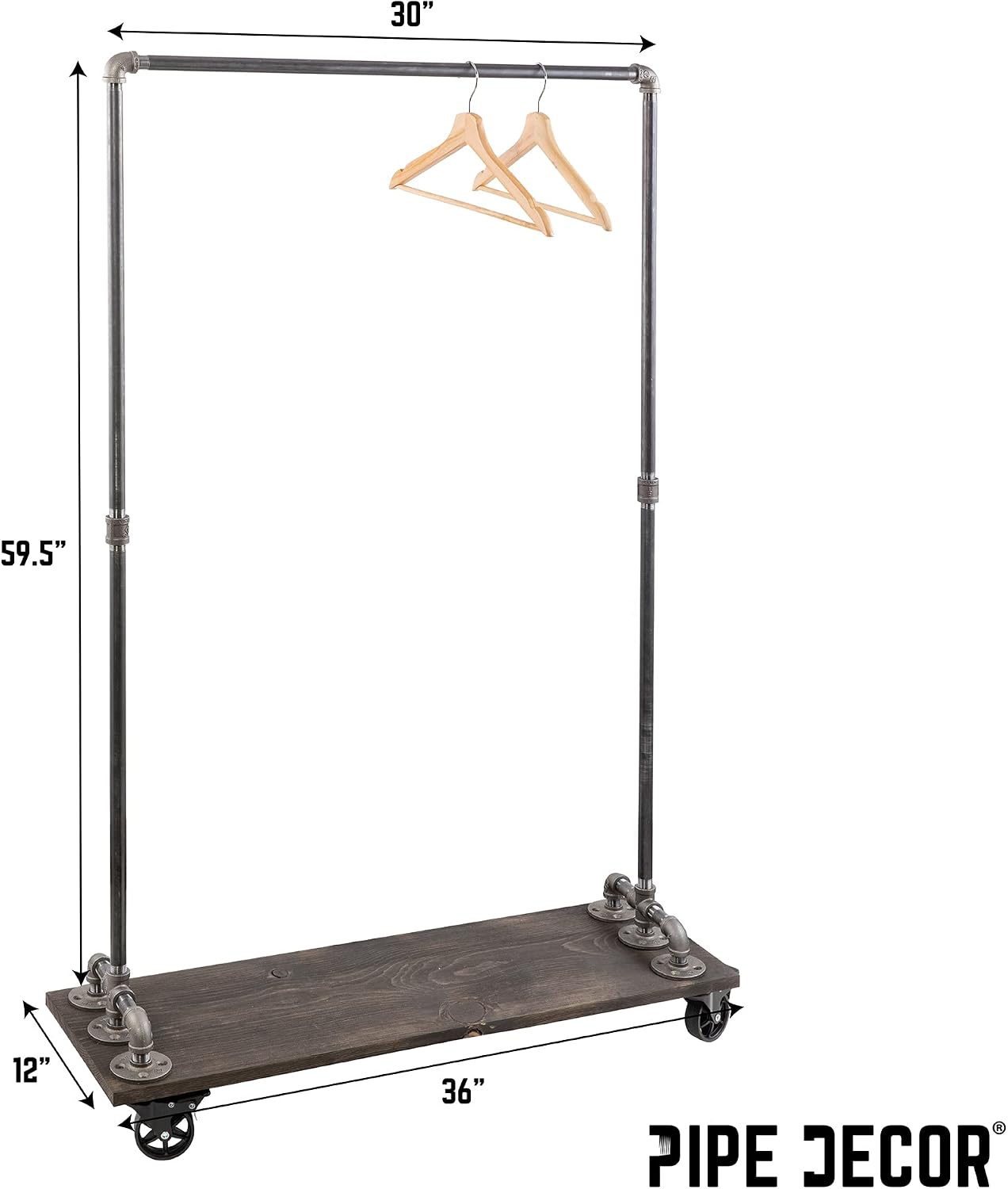 PIPE DECOR 36' x 11 ½' x 59 ½' Rolling Steel Pipe Clothing Rack with Wood Shelf, Commercial or Residential Industrial Clothes Display, Heavy Duty Black Steel Metal Wheeled Garment Frame