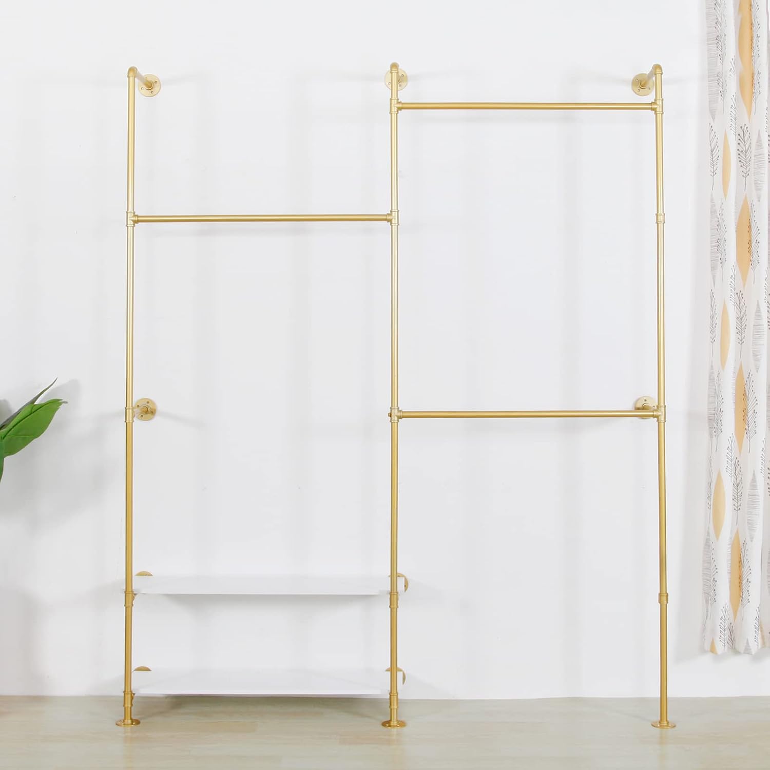 Industrial Style Wall Mounted Clothing Rack - Heavy Duty Pipe Garment Rack with Wood shelves, Multi-Functional Wardrobe System for Boutique/Closet,Gold (74.8' W x91.7 H)