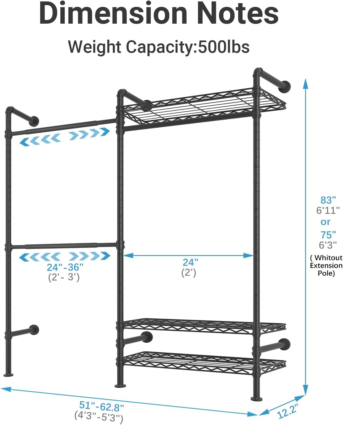 Timate F2 Industrial Pipe Clothes Rack Wall Mounted Clothing Rack for Hanging Clothes, Expandable Garment Racks Heavy Duty Wardrobe Closet Organizer and Storage, Black Adjustable Industrial Closet Kit
