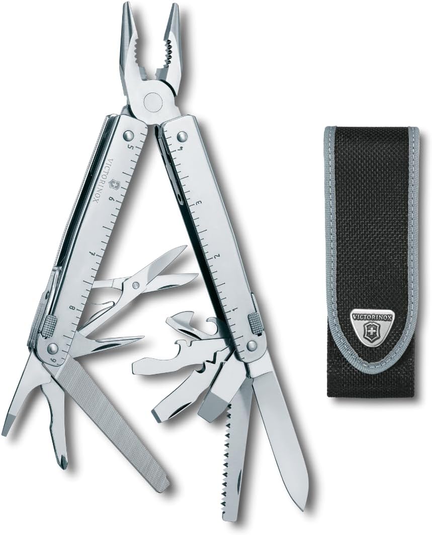 Victorinox Swiss Tool Swiss Army Knife, 24 Function Swiss Made Multi-Tool with Needle-Nose Pliers, Wire Cutters and Large Blade - Silver