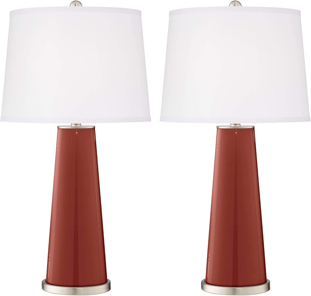 Color + Plus Leo Modern Table Lamps 29 1/2' Tall Set of 2 Madeira Orange Glass Tapered Column Plain White Drum Shade Decor for Bedroom Living Room House Home Bedside Nightstand Office Family