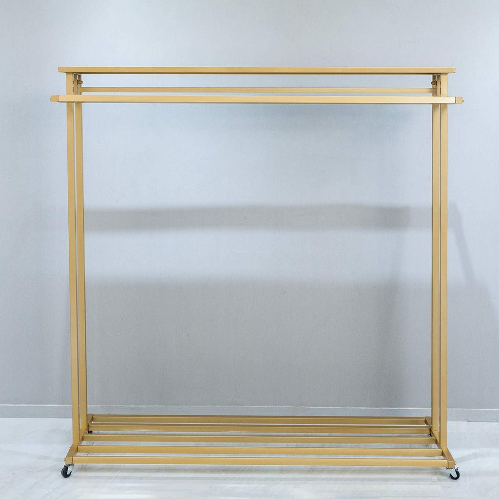 63' Heavy Duty Metal Clothing Rack with Wheels, Gold Garment Rack for Boutique Commercial Home Use, Standing Adjustable Rolling Display , Wardrobe Closet Organizer