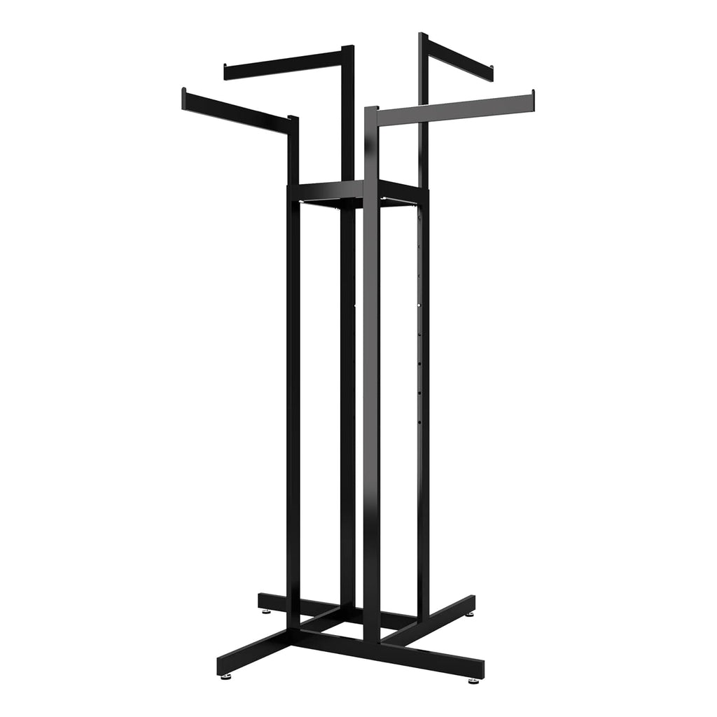 Clothing Rack – Black 4 Way Rack, Adjustable Height Arms, Blade Arms, Square Tubing, Perfect for Clothing Store Display With 4 Straight Arms