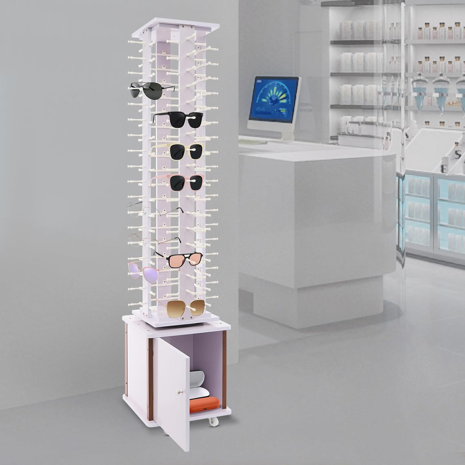 Sunglasses Display Rack, 72 Pairs Glasses Rack, 360° Rotating Eyeglasses Storage Organizer, Floor-standing Eyewear Holder, Glasses Display Stand with Storage Cabinet & Wheels, Lilac Color