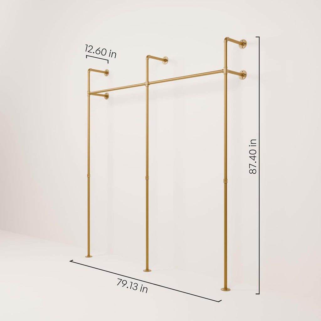 pamo Gold Clothing Rack Wall Mounted – Pipe Closet System in Gold Powder-Coated Steel – 79' W × 87' H, 530 lbs – Boutique, Walk-In Closet & Retail