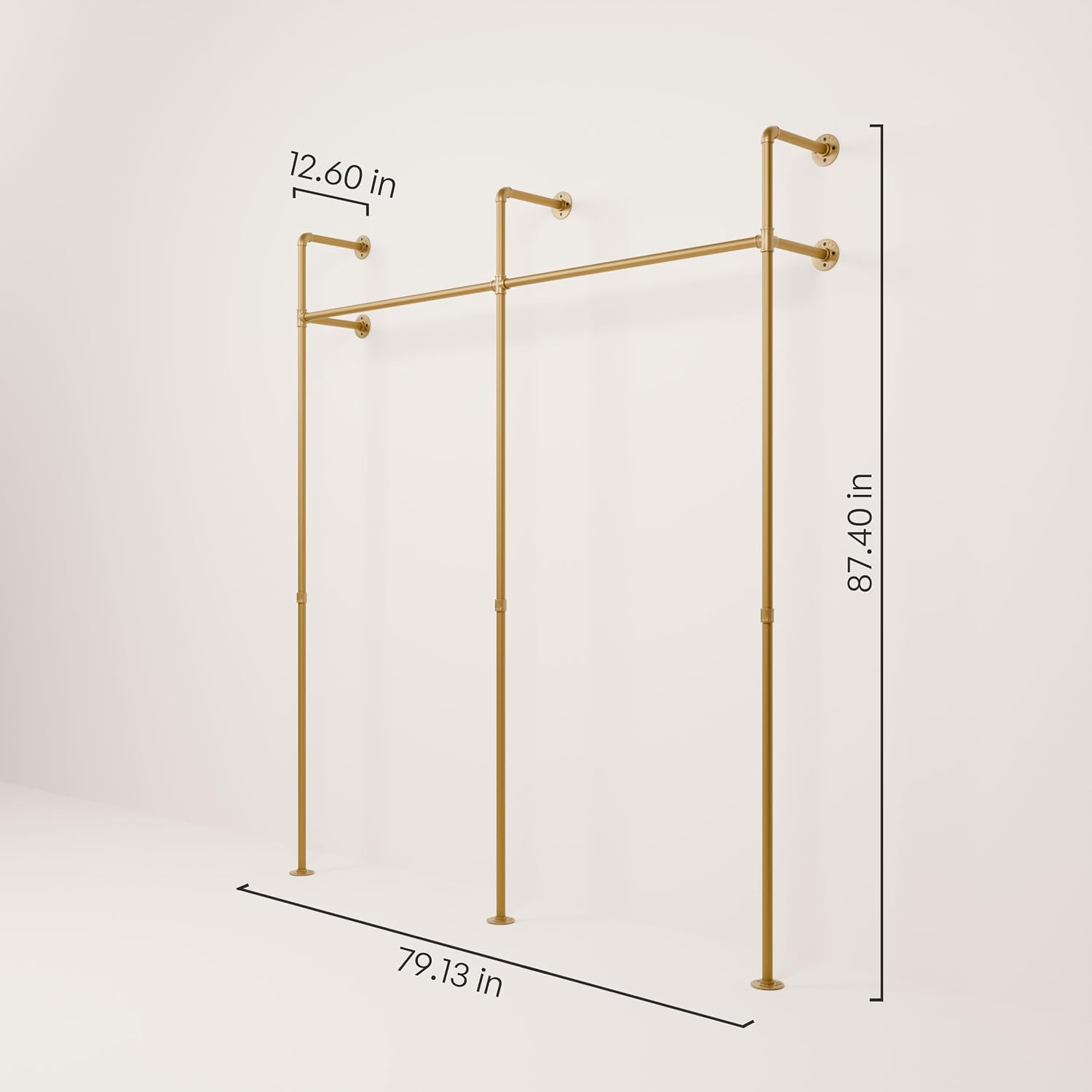 pamo Gold Clothing Rack Wall Mounted – Pipe Closet System in Gold Powder-Coated Steel – 79' W × 87' H, 530 lbs – Boutique, Walk-In Closet & Retail