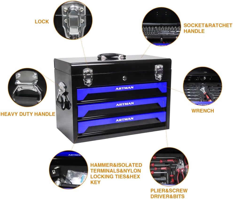 Tool Box Set, 439-Piece Mechanic's Tool Kit, 4-Drawer High Capacity Tool Chest, Lockable Storage Organizer with Sliding Drawers for Home & Garage Repair (Blue)