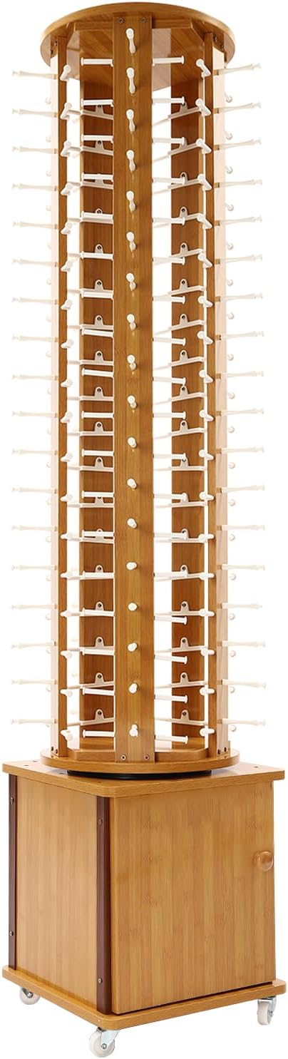108 Pairs Wood Sunglass Display Rack with 4 Swivel Wheels, Floor-Standing Eyewear Storage Organizer, Commercial Hanging Rack,Light Brown