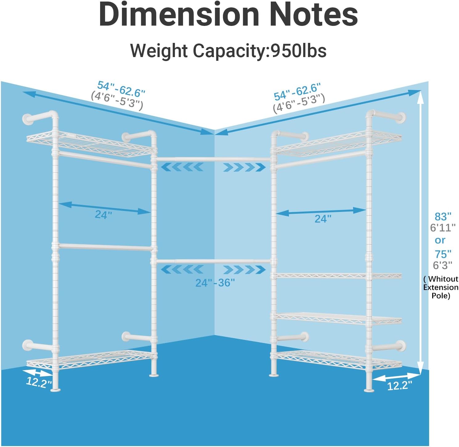 Timate L3 L Shape Garment Rack Heavy Duty Clothes Rack for Hanging Clothes, Expandable Industrial Pipe Wall Mounted Clothing Rack, Adjustable Corner Closet Wardrobe Closet Kit Closet Systems, White