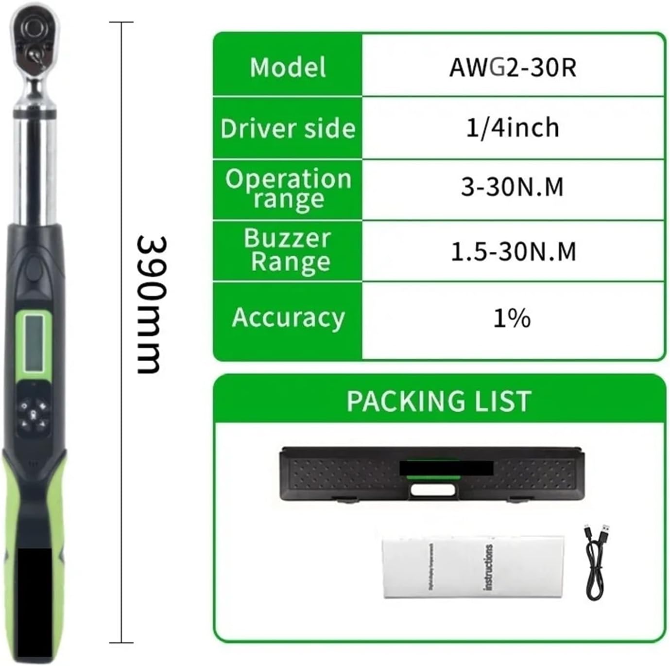 Portable Torsion Meter, 30N.m 1/4 Digital Torque Wrench AWG2-30R Bidirectional Ratchet Head 36 Teeth Connect With Computer 2% Tools,Screw Driver