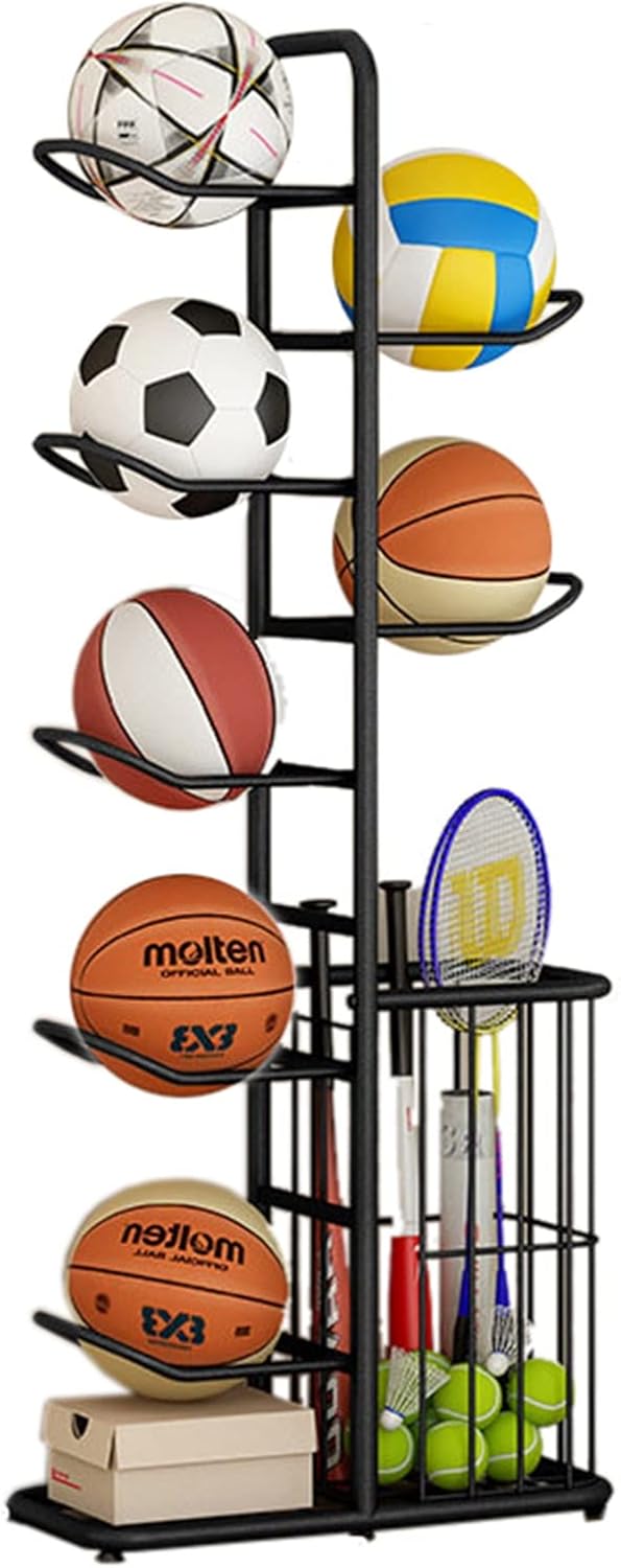 Ball Storage Holder Extra Tall Basketball Storage Rack with Baskets, Vertical Iron Sports Rack Organizer for Indoor Home Garage, Holds 7 Balls