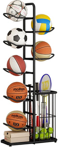 Ball Storage Holder Extra Tall Basketball Storage Rack with Baskets, Vertical Iron Sports Rack Organizer for Indoor Home Garage, Holds 7 Balls