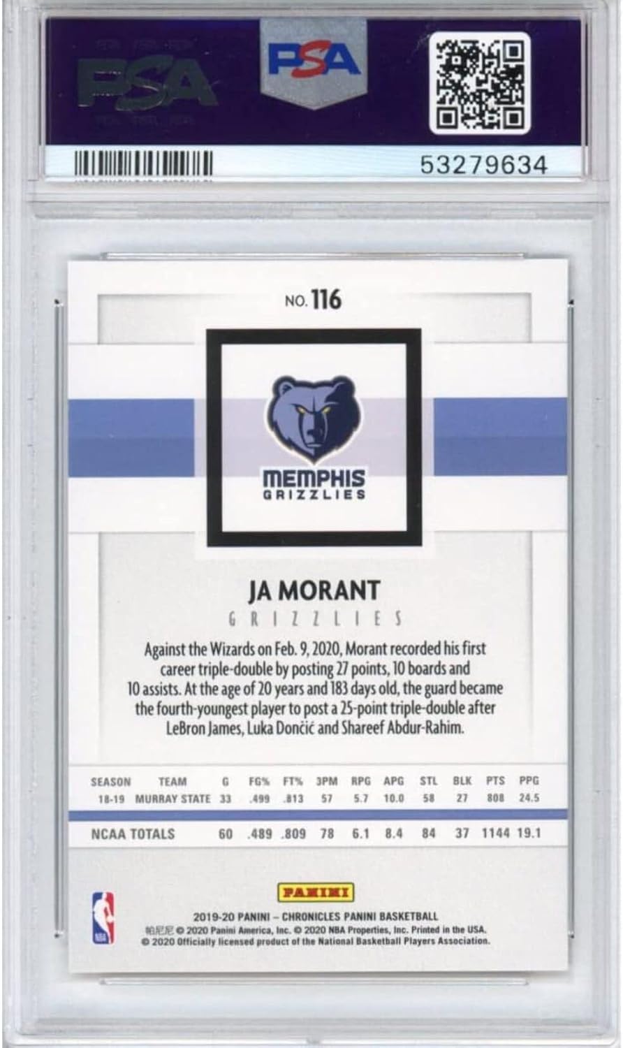 Graded 2019-20 Panini Chronicles Ja Morant #116 Young Dolph Rookie RC Basketball Card PSA 10 Gem Mint