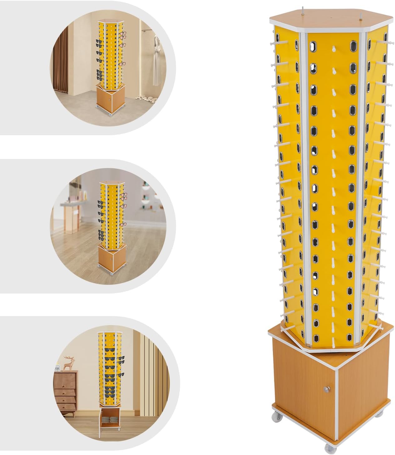 102 Pairs Rotating Glasses Display Stand, Eyewear Storage Organizer with Cabinet & Wheels, Commercial Sunglasses Display Rack, Optical Shop Glasses Holder (Yellow)
