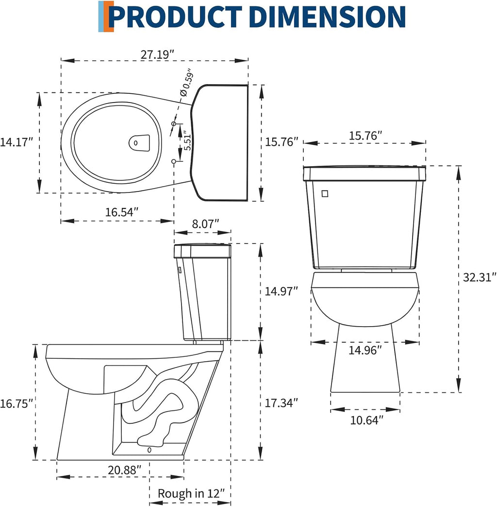 17' Round Toilet Bowl Only – Upgraded Power Flush, Single Side Handle, Includes Tank Hardware, No Seat – Ideal for Small Powder Room or Senior Bathroom Replacement