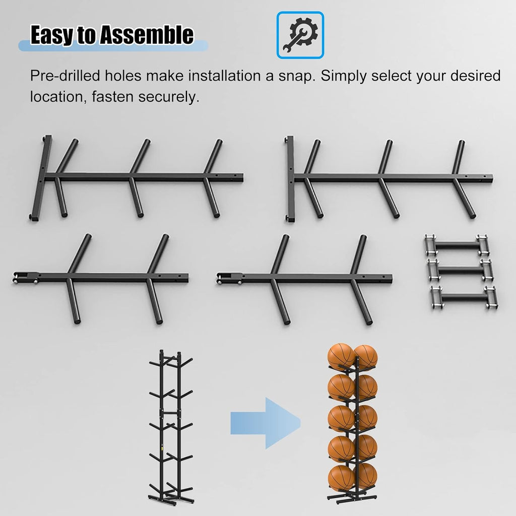 Basketball Ball Storage Rack Extra Tall Ball Storage Rack Vertical, 5-Tier Basketballs Organize Display Stand, Double-Wide Soccer Equipment Holder, Holds 10 Balls