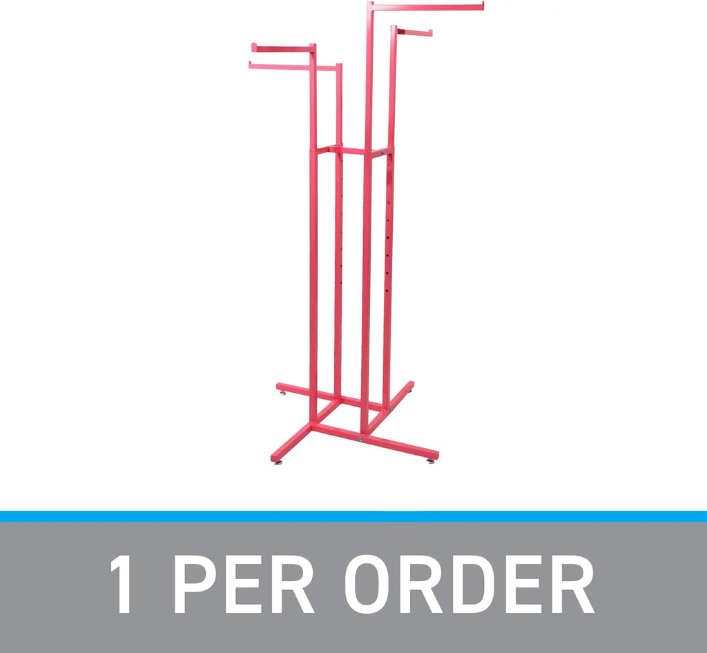 SSWBasics Hot Pink 4-Way Clothing Display Rack With Straight Arms- Durable Retail Clothing Rack for Boutique, Retail, and Thrift Stores - Sleek and Stylish Garment Display Stand