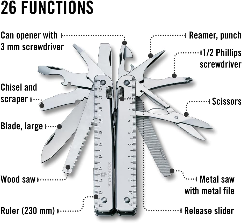 Victorinox Swiss Tool X Swiss Army Knife, 26 Function Swiss Made Multitool with Large Blade, Pliers and Wire Cutter - Silver with Leather Pouch