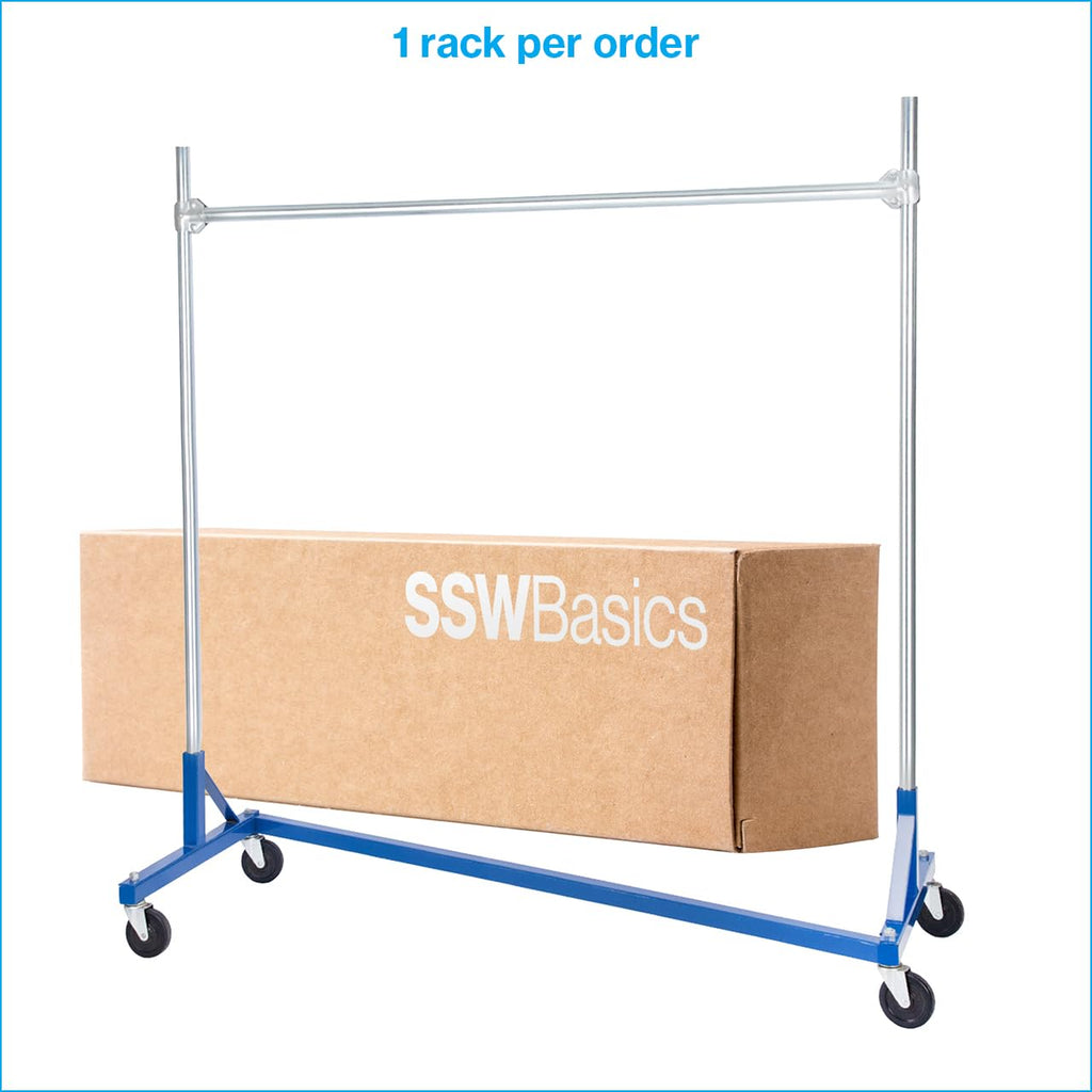 SSWBasics Super Heavy-Duty Single-Rail Clothing Rack (Z-Truck Rolling Rack) - 63'W X 24'D X 66'H (Holds 500lbs) - Sturdy Heavy Duty Clothing Rack Z Truck Garment Rack for Retail, Thrift, Boutique,