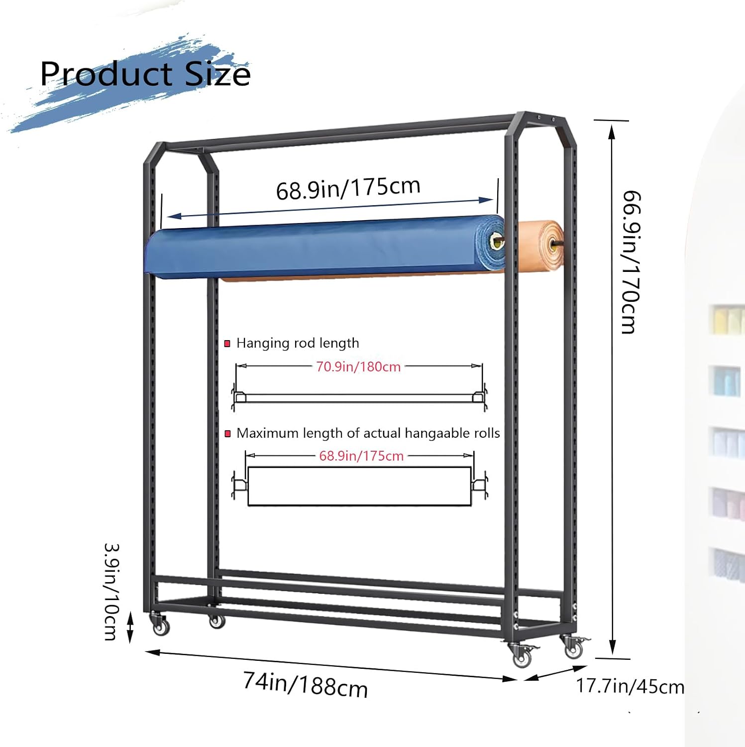 8 rods Commercial Fabric Roll Storage Rack, Large Textile Fabric Display Rack with Adjustable Hanging Rod, Movable Organizer Holder for Vinyl Roll/Leather Roll/Curtain Studio/Wallpaper (8 rods)