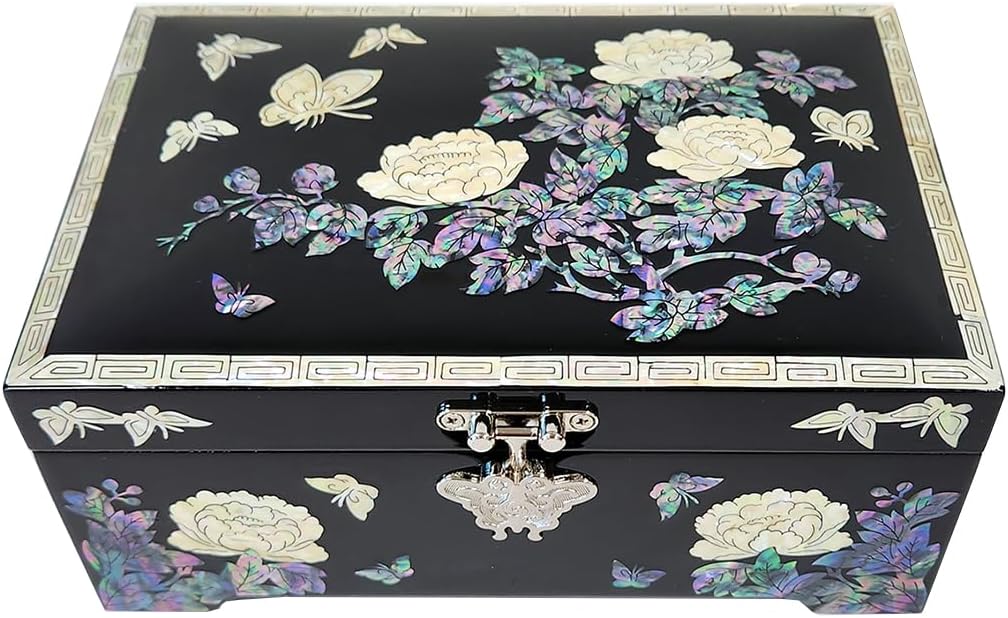 Antique Alive Mother of Pearl Inlay Design Jewelry Box, Wood Jewelry Box, Trinket Case, Keepsake Treasure Chest Box Organizer Holder (Peony Flowers)