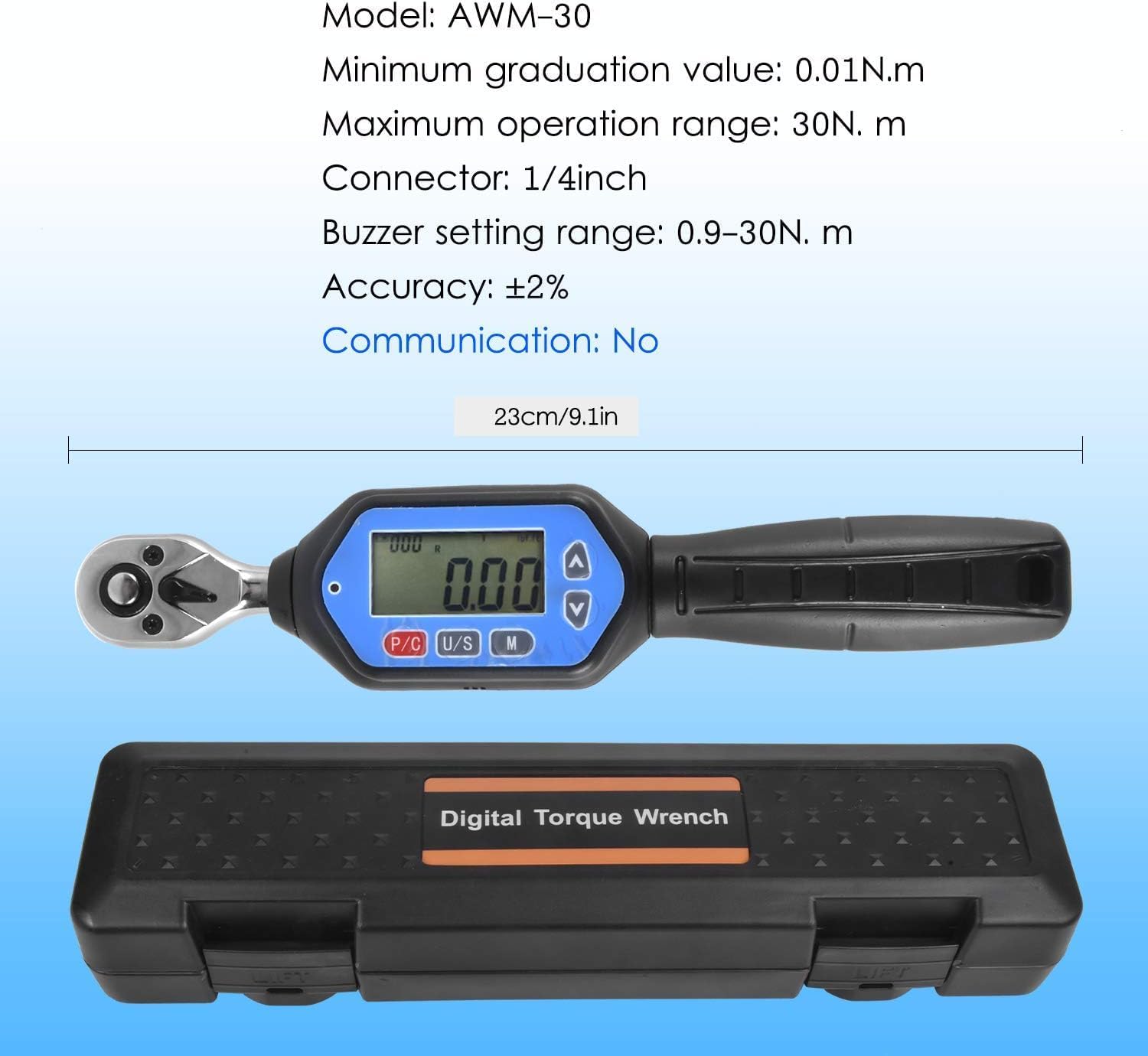 Torque Wrench, EWM-30 Digital Torque Wrench 1/4 Square Drive Max. 22.12ft.lb Torque Accurate to ±2% with Buzzer LED Indication and Peak Trace Tracking Wrenches