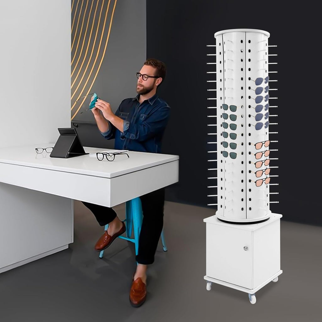Glasses Display Stand, 114-Pair Eyewear Storage Rack for Sunglasses & Reading Glasses, 360°Swivel Commercial Eyeglass Organizer for Optical Shop, Jewelry Store, Retail Display (White)