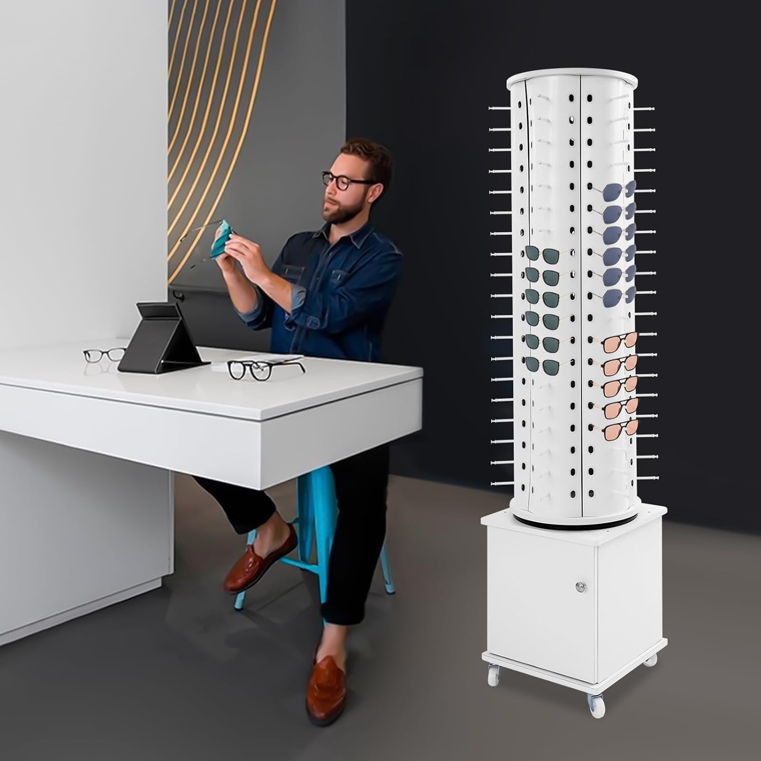 Glasses Display Stand, 114-Pair Eyewear Storage Rack for Sunglasses & Reading Glasses, 360°Swivel Commercial Eyeglass Organizer for Optical Shop, Jewelry Store, Retail Display (White)