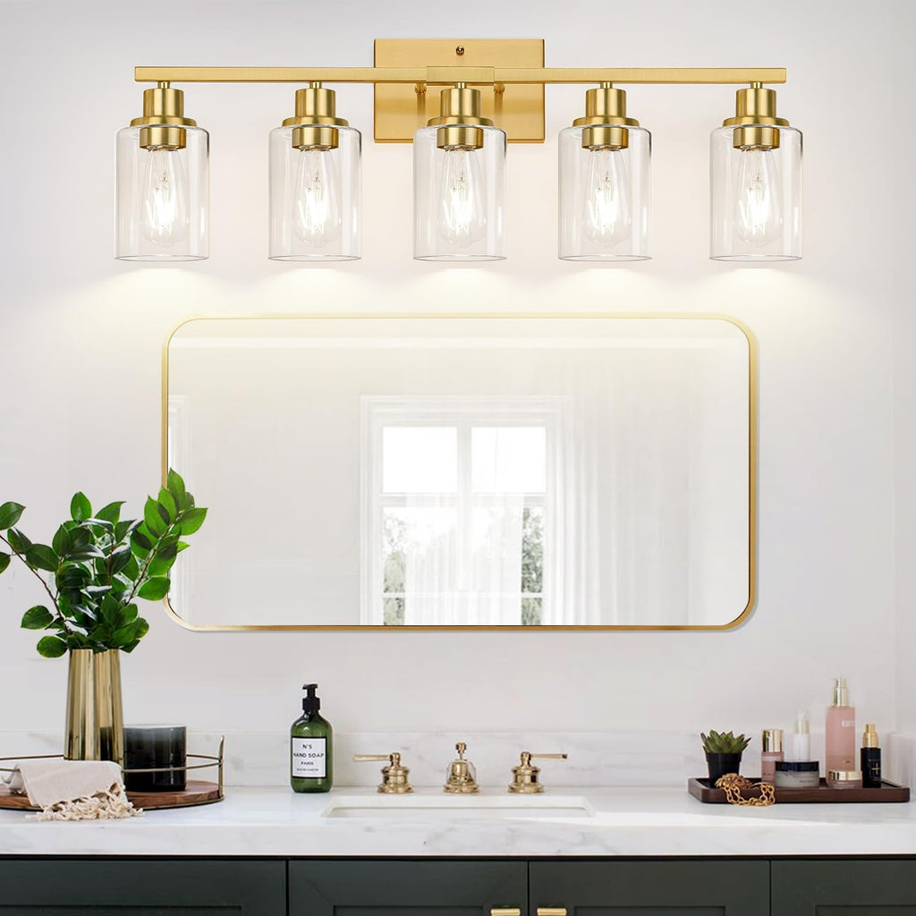 Indoi 5-Light Bathroom Vanity Light with Clear Glass Shades, Brushed Gold Bathroom Light Fixtures Over Mirror, Modern Vanity Light for Mirror Living Room Cabinet Bedroom Porch