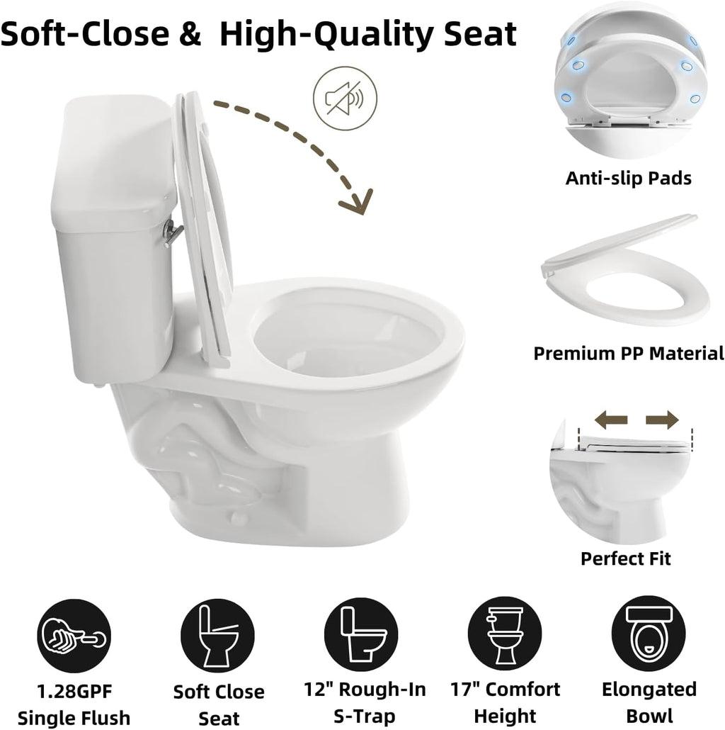 17 Inch Two Piece Toilet, Los Flexi 17.9' Tall Toilets for Bathrooms, Elongated Bowl & ADA Comfort Chair Height Toilet, Soft-Closing Seat, 1.28 GPF Siphon Flush, High-Efficiency, 12' Rough-In