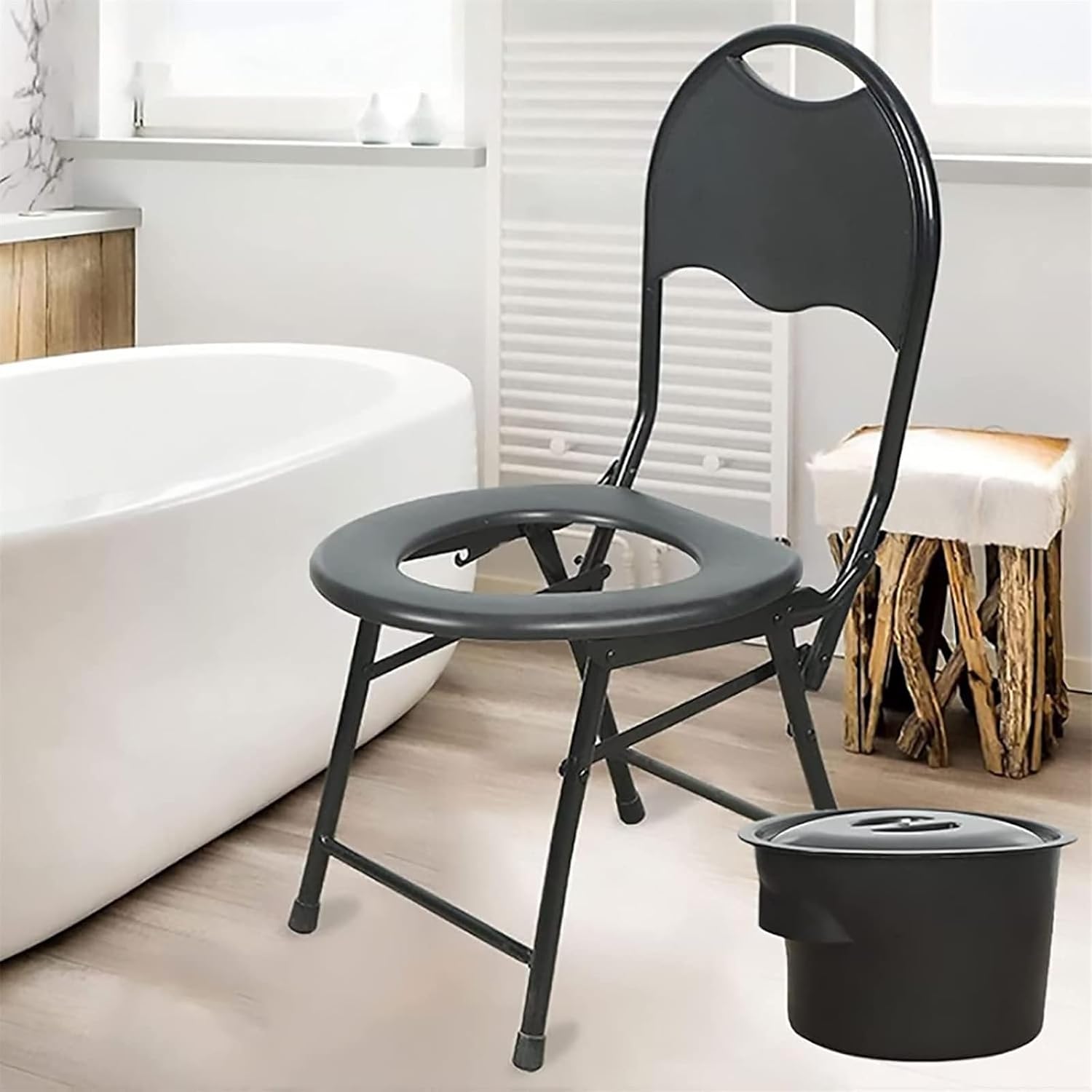 Bedside Commode,Toilet Seat with Handles Toilet Chair with Adjustable backrest Padded armrests Non-Slip feet Chromed Steel Folding for Elderly or Disabled