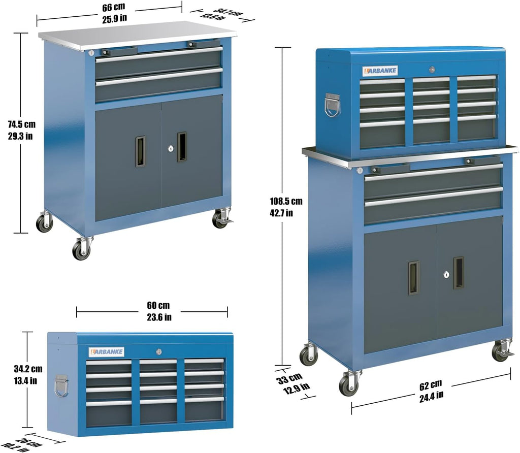 LARBANKE Rolling Tool Chest with Stainless Steel Tabletop,5-Drawer Tool Chest&8-Drawer Tool Box with Connection Buckle,Locking System Storage Cabinet with 360° Brake Swivel Wheels and Foot Pad