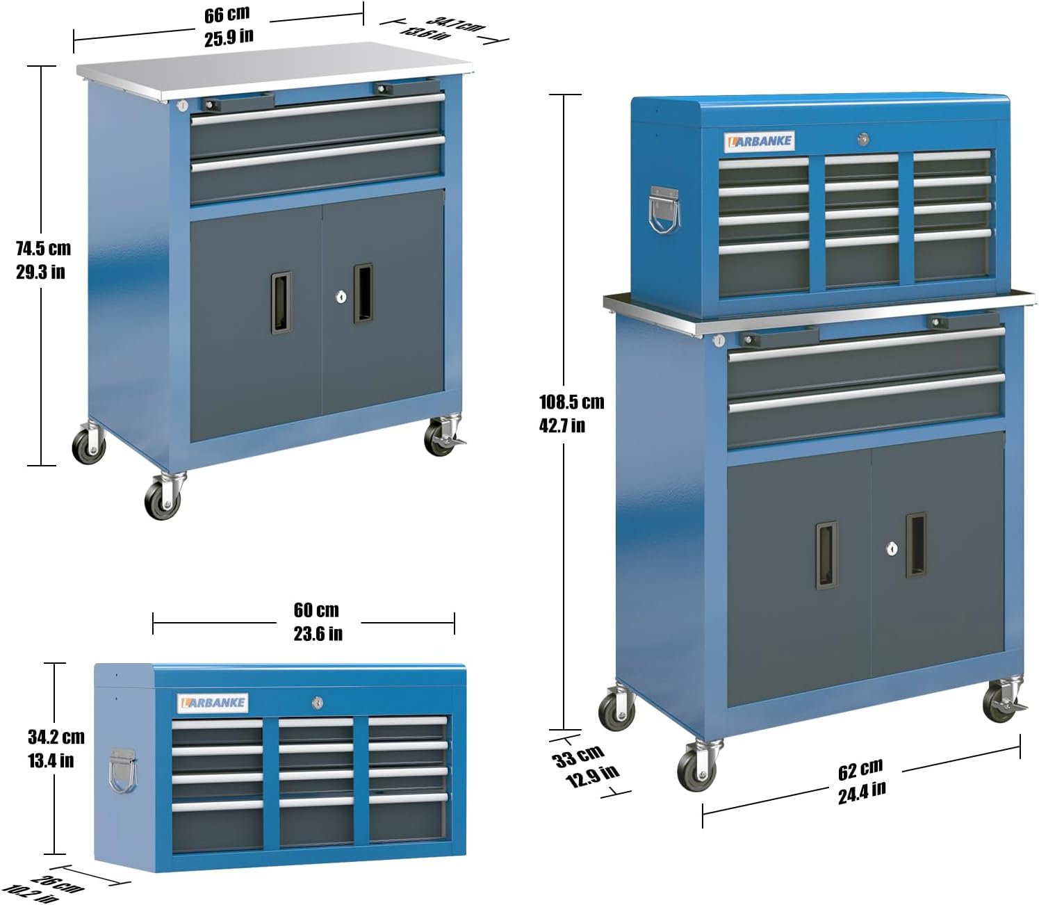 LARBANKE Rolling Tool Chest with Stainless Steel Tabletop,5-Drawer Tool Chest&8-Drawer Tool Box with Connection Buckle,Locking System Storage Cabinet with 360° Brake Swivel Wheels and Foot Pad