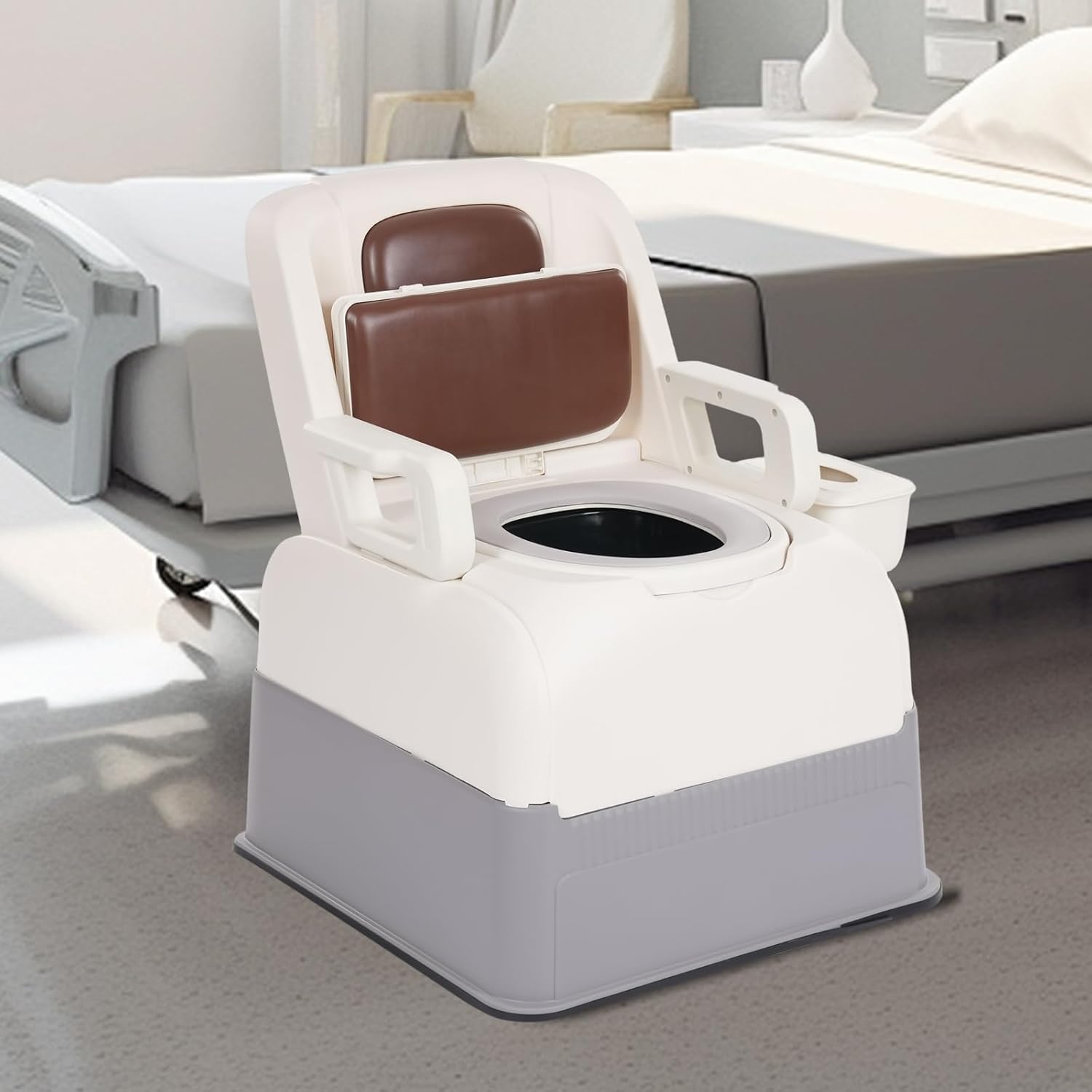 Bedside Commode Chair & Safety Toilet Seat – Heavy-Duty Portable Commode with Odor-Proof Lid & Non-Slip Armrests – Elderly, Pregnant Women, Mobility Impaired Home Care (Brown)