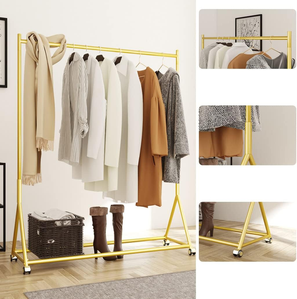 DR.IRON Modern Gold Clothing Racks Rolling Clothes Rack for Hanging Clothes Heavy Duty Metal Garment Rack Perfect for Home or Cloth Store(Gold)