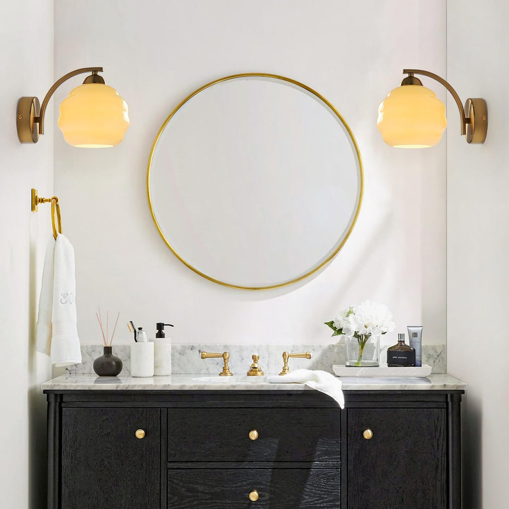 Mid Century Modern Wall Sconces Set of Two Brushed Brass Wall Sconce Gold Glass Wall Lights Globe Wall Mount Light Fixture Vintage Hallway Bathroom Sconces Wall Lighting Set of 2