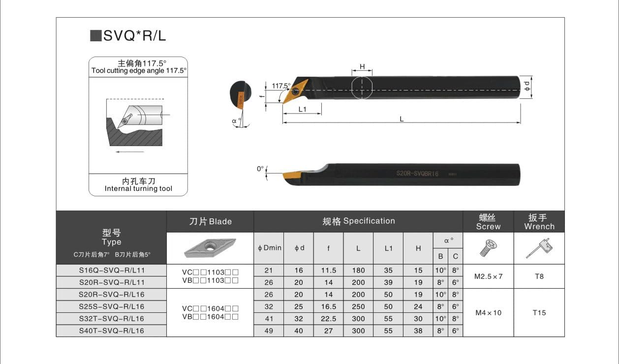 1pc SVQCR S16Q S20R S25S S32T SVQCR11 SVQCR16 Internal CNC Lathe Tool Turning Boring Bar Metal Cutting S16Q-SVQCR11 Use VCMT Inserts(S32T-SVQCL16)