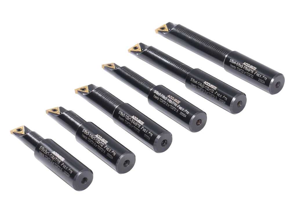 Accusize Industrial Tools Round Shank Indexable Boring Bar, 5/8 in | 6-Piece Set with TCMT 21.5 Carbide Inserts, 90 Degree, Bore Depth 1-1/4 in to 2-7/8 in, 2627-9106