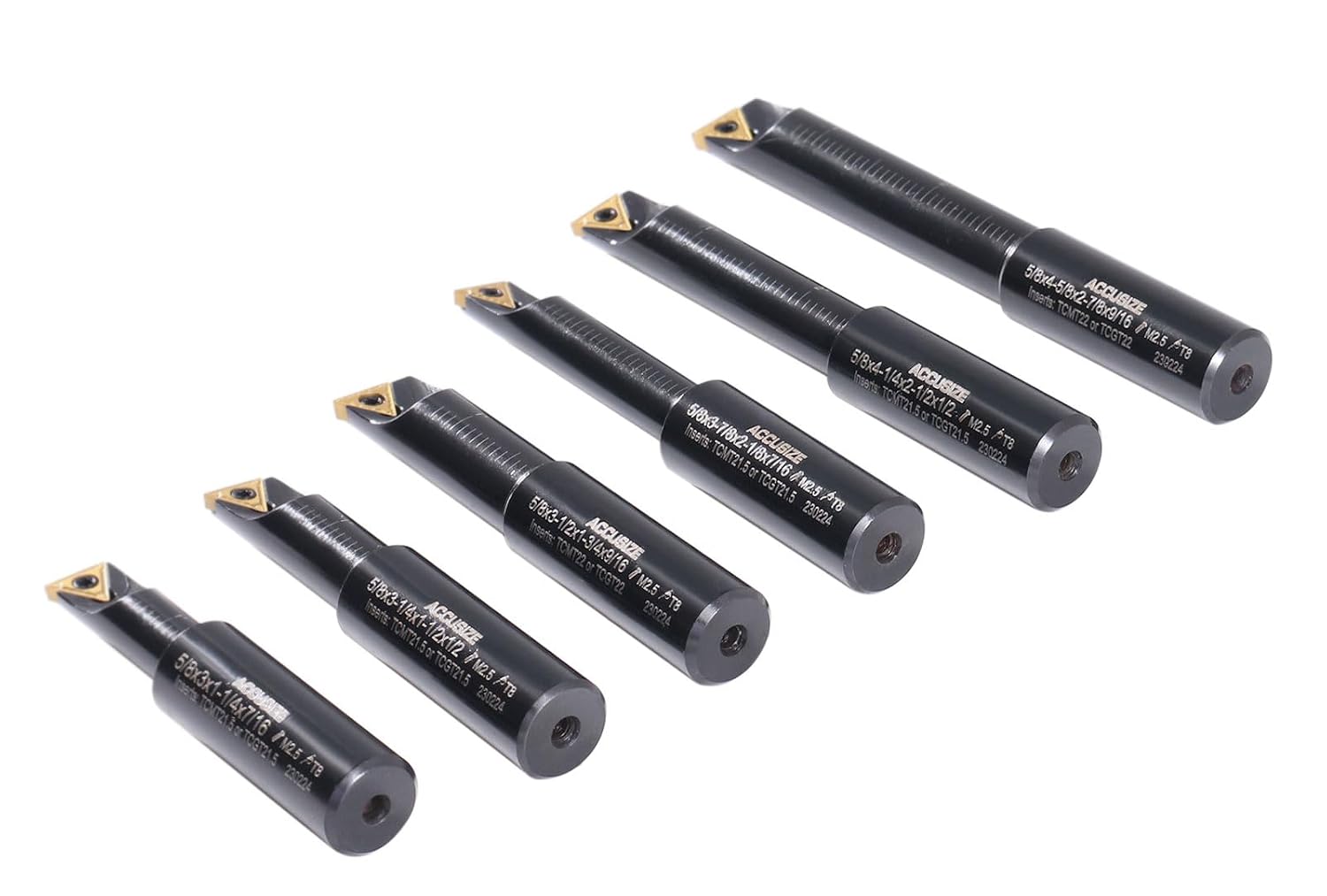Accusize Industrial Tools Round Shank Indexable Boring Bar, 5/8 in | 6-Piece Set with TCMT 21.5 Carbide Inserts, 90 Degree, Bore Depth 1-1/4 in to 2-7/8 in, 2627-9106