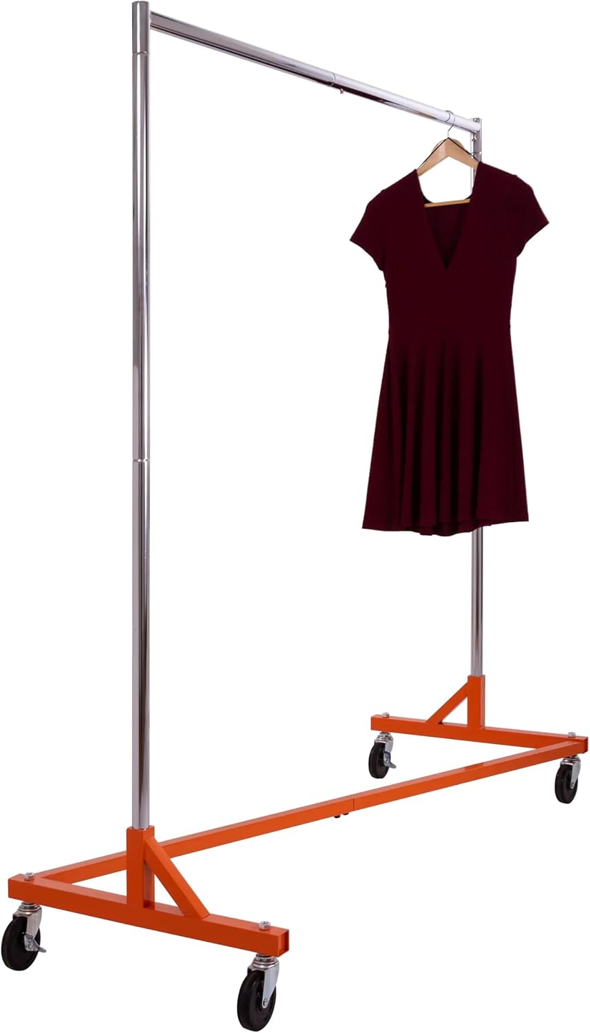 Industrial Garment Rack (Z Rack) - Rolling Clothes Rack, Z Rack with KD Construction with Durable Square Tubing, Heavy Duty Chrome Industrial Garment Rack - Orange