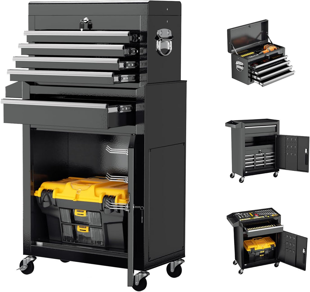 Incbruce 5-Drawer Metal Rolling Tool Chest, High Capacity Toolbox Organizer with Wheels, Detachable Tool Cabinet Top for Mechanics Garage and Workshop (Black)